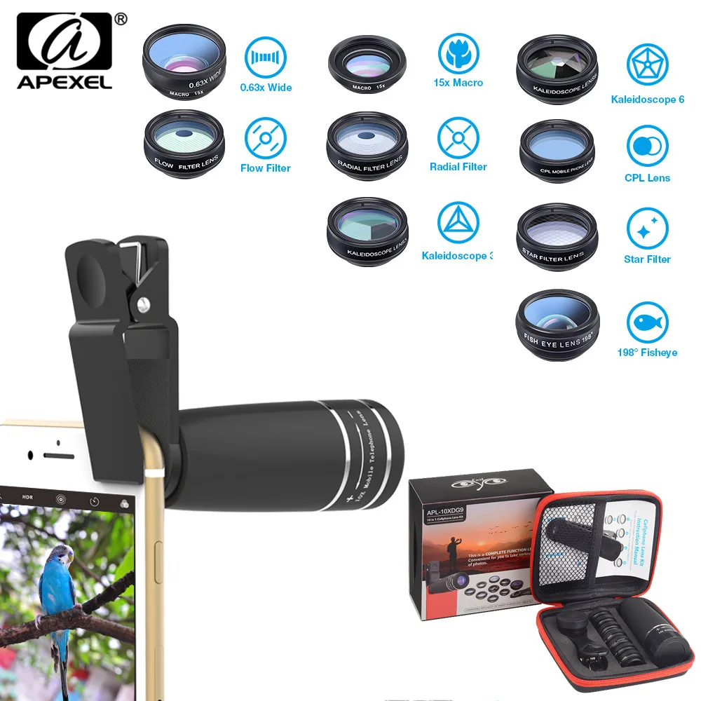 

APEXEL 10 in 1 Phone Camera Lens Kit 10X Telescope Fish Eye Wide Macro Star Filter CPL Lenses for iPhone XS Mate Samsung HTC LG