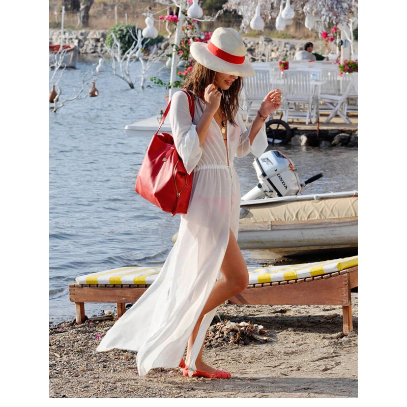 

Women Cover Up Beach Dress Swimming Chiffon Cardigan White Women Outdoor Sunshine Bikini Beachwear female Tunic C1906