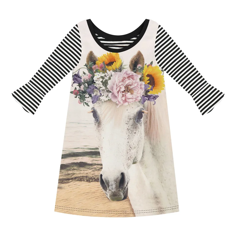 

Baby girl dress Long sleeve Girls stripe Dresses Fashion The white horse Print Children Kids Clothes clothing Casual new Kids