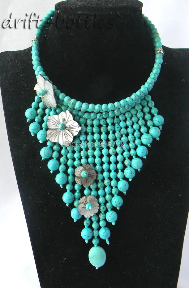 

YH@CS >>>3Strands 6MM Round Turquoise Shell Flower Necklace