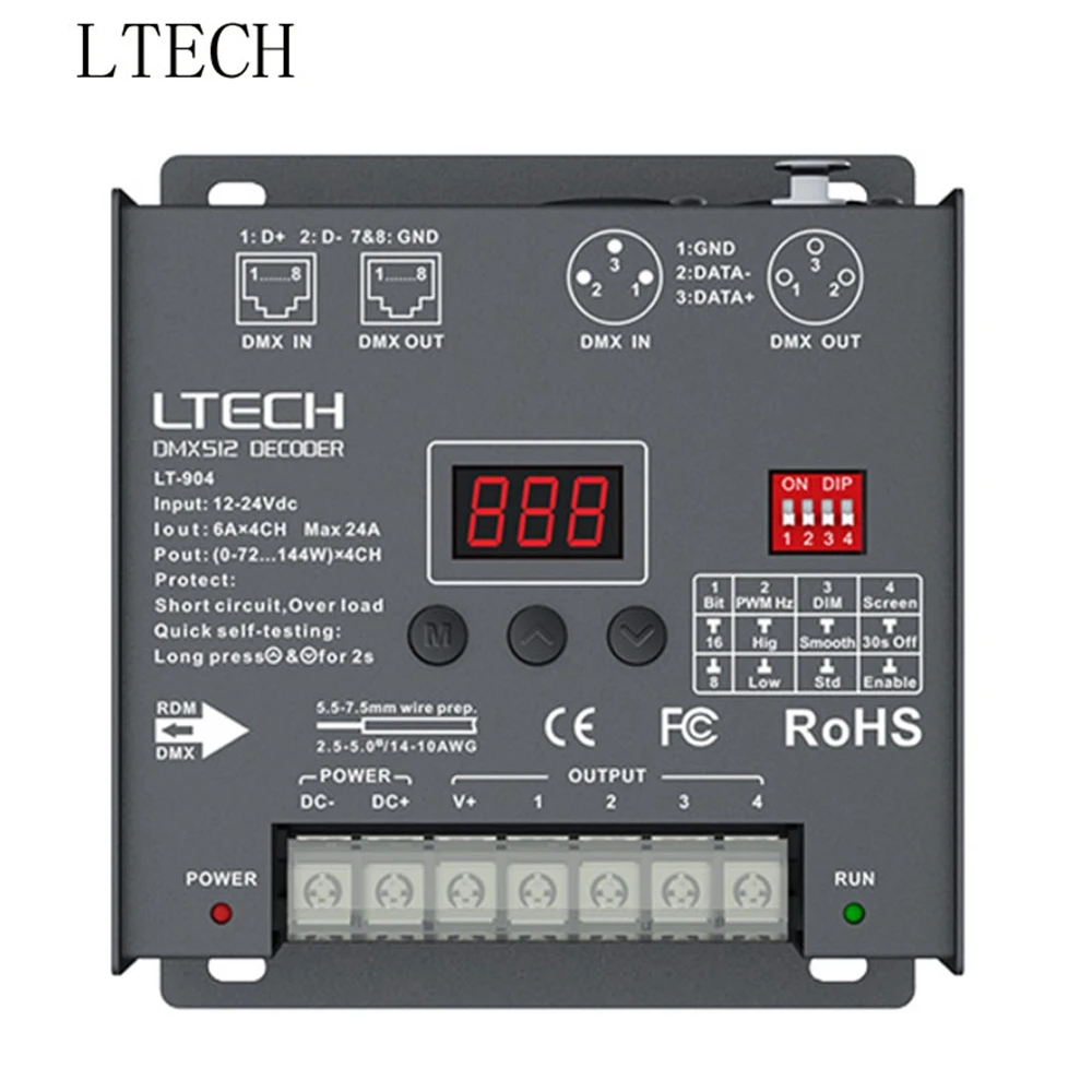 

New LTECH 4-Channel LED DMX Decoder LT-904 4-Channel CV DMX Decoder DC12-24V Input 6A * 4CH Output DMX512 / RDM / 3-Pin XLR RJ45