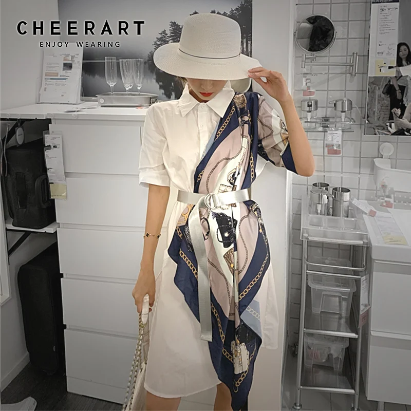 

Cheerart Summer Shirt Dress White Patchwork Chain Print High Low Korean Dress 2019 Designer Ladies Dress With Belt