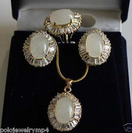 

Hot! Jewelry White Opal Beads Pendant Earring Zircon Ring Set AAA style 100% Natural jade Noble Fine jewe