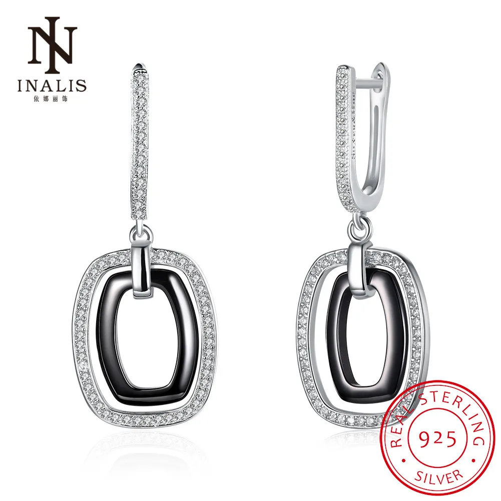 

INALIS Romantic Cute 925 Sterling Silver Ceramic Dangle Earrings Fashion Crystals Jewelry Wedding Drop Earrings for Woman Gift