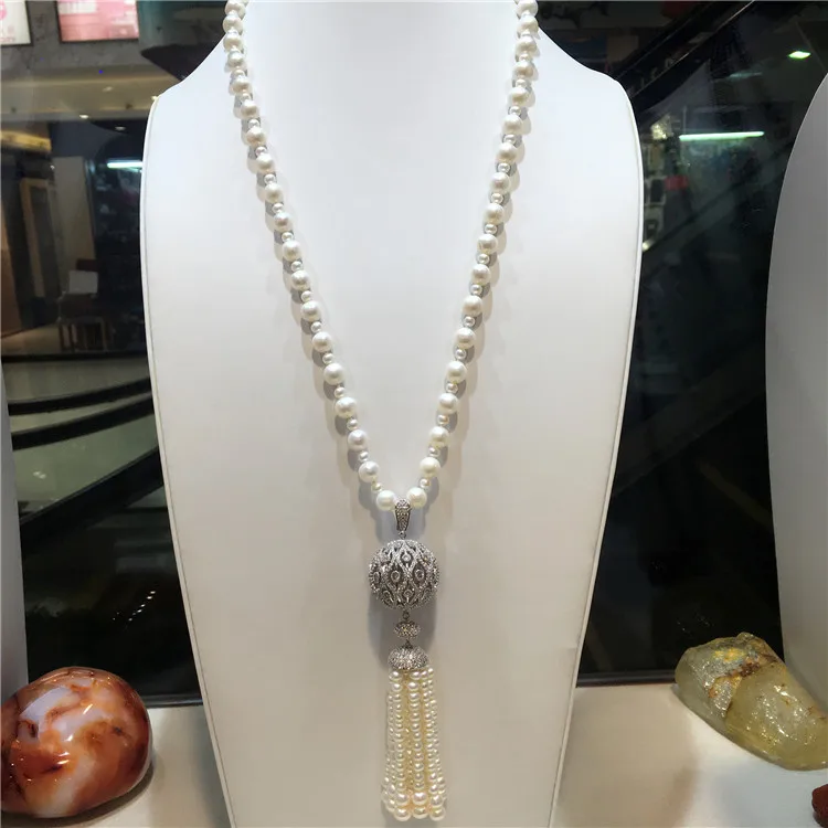 

hot sell 75cm white freshwater pearl full micro inlay zircon big ball long tassel sweater chain necklace fashion jewelry