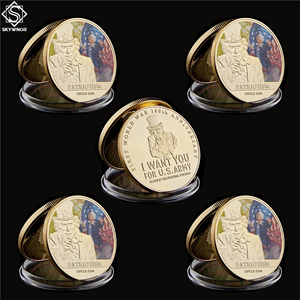 5PCS Gold Challenge Coin World War II Uncle Sam/'s I Want You Military Gold Coin