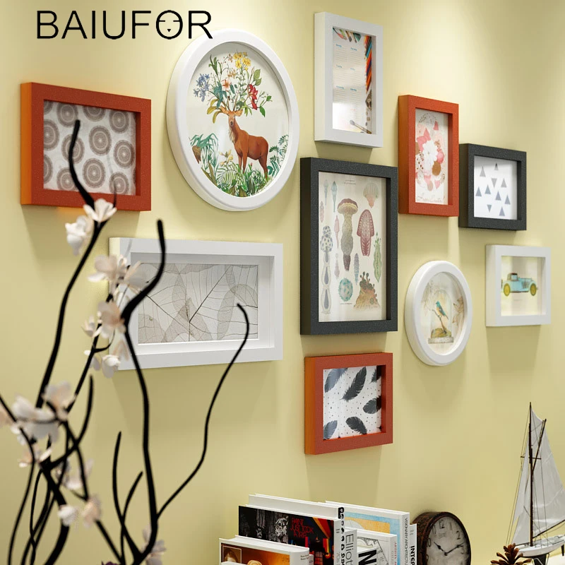 

BAIUFOR Modern Nordic Photo Frame Wooden Picture Round Frame Sets with Shelf Flower Wall Paintings Living Room Home Decor