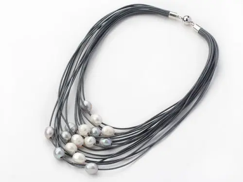 

Multi layer Big Size Pearls Beads 11-12mm Natural White & Grey Freshwater Pearl & Gray Leather Women Necklace Handmade