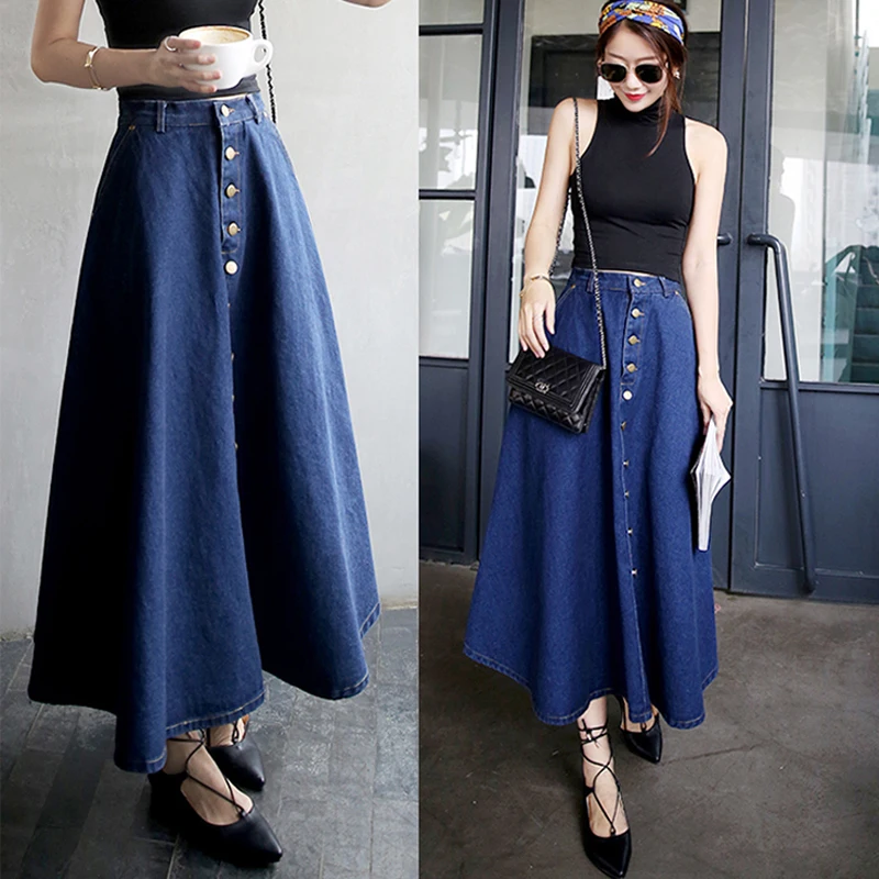 long flared denim skirt