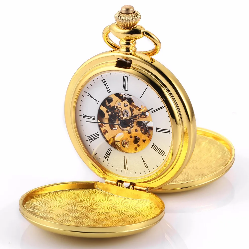 

Golden Smooth Double Case Roman Steampunk Movement Mechanical Pocket Watch Hunter Jewelry Chain Hand Winding Nurse Clock /WPK226