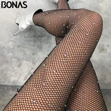 Bonas 2019 quente sexy aberto virilha fishnet collants womens delight diamante malha meias senhora brilhante strass nylons meia-calça(China)