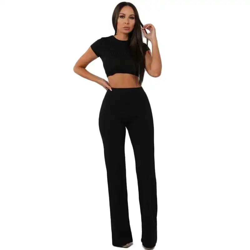 Womens 2 Piece Outfits Sets Knit Ribbed Wide Leg Pants Long Sleeve Casual Crop Top Wide Leg Pants Track Suit