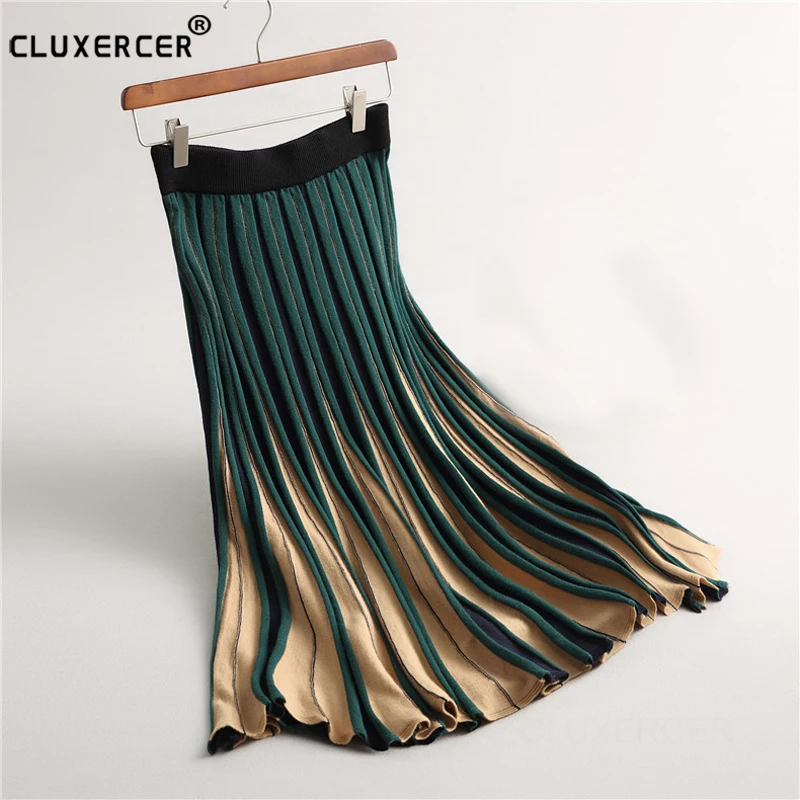

Autumn winter women's elegant knitted pleated skirts slim tight hip pencil mid skirt ladies stripe long office pleated skirts