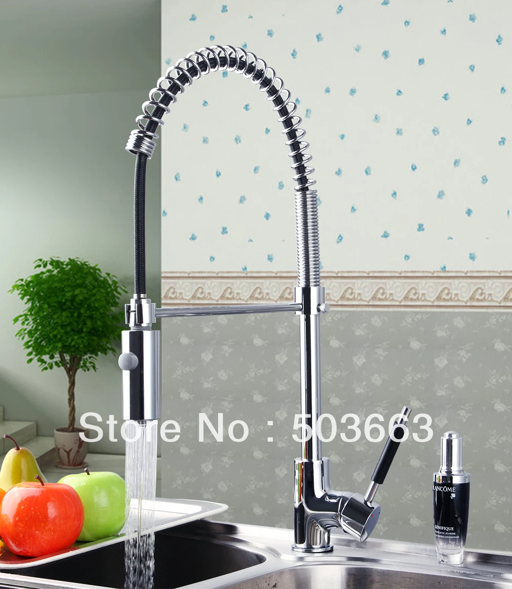 New Polished Chrome Brass Water Kitchen Faucet Swivel Spout Pull Out Vessel Sink Single Handle Deck Mounted Mixer Tap MF-296 golden plated water mixer tap faucet kitchen sink basin swivel vessel golden polished deck mounted single handle faucet