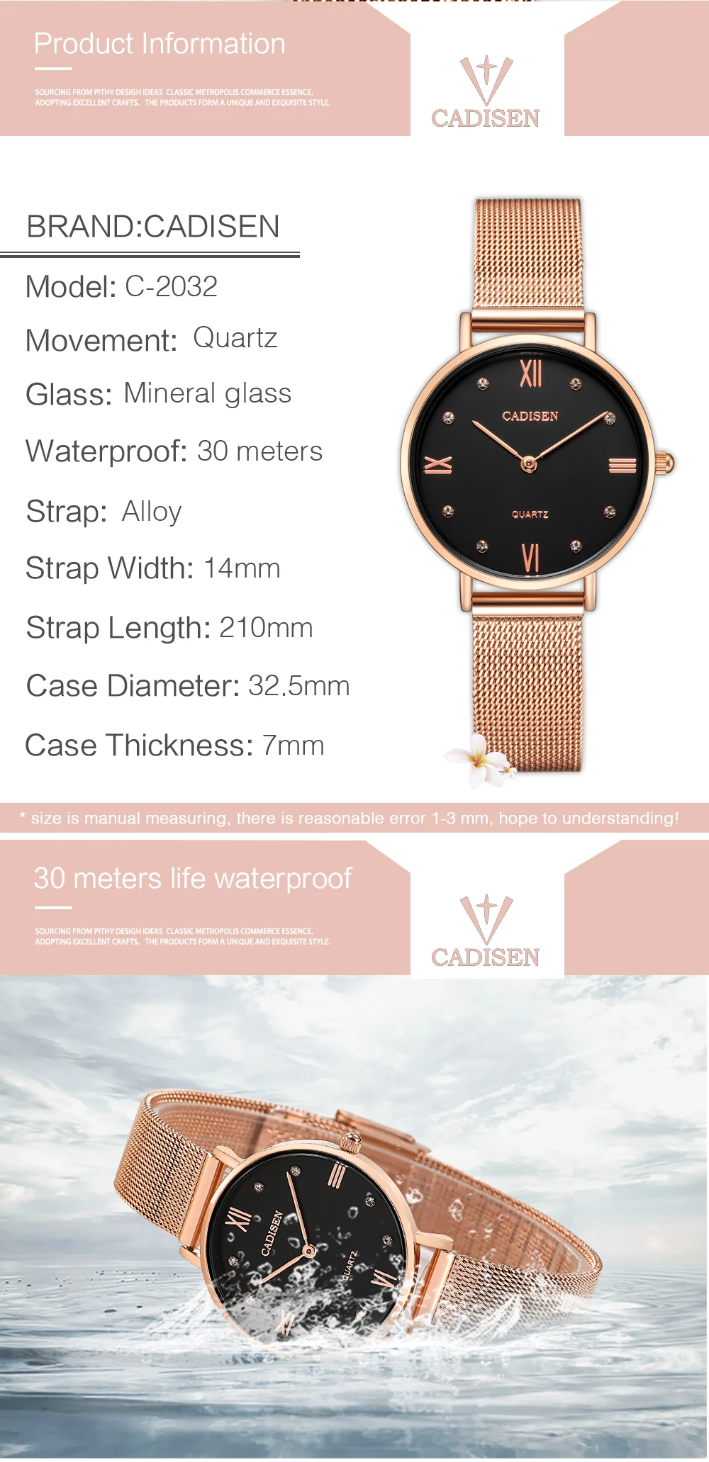 CADISEN Brand Luxury Fashion Ladies Watch Women Watch Thin Rose Gold Steel Mesh band Quartz Wristwatches Women relogio feminino