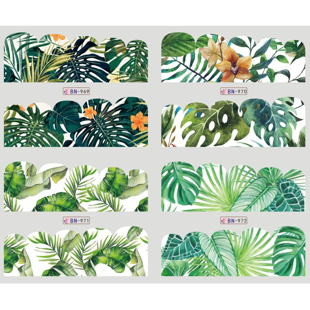 12 видов конструкций палантины для ногтей зеленые джунгли большой лист папоротник белый цветение Лилия переводная наклейка украшение маникюрный BEBN961-972
