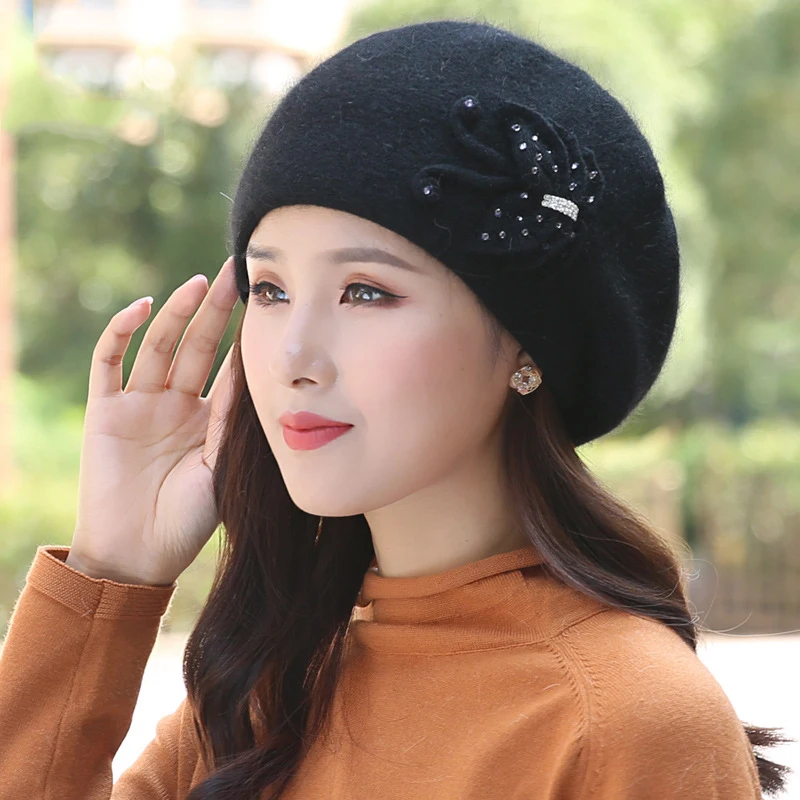 Angora Hat Women Winter Knit Cap Beanie Beret Warm Headwear Flower Casual Soft Classic Thermal Snow Outdoor Accessory (4)