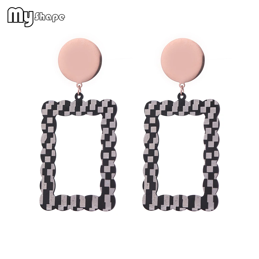 

My Shape Black White Lattice Drop Earrings Square Hollow Lace Contour Stainless Steel Geometric Hexagon Earrings Women's Jewelry