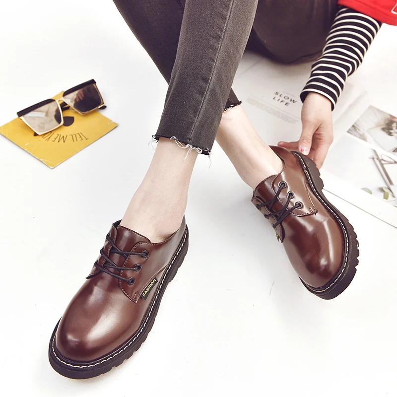 

Black Dress Shoes Women 2019 Spring New Oxford Leather Shoes Lace-Up British Style Retro Casual Black/Brown Pumps