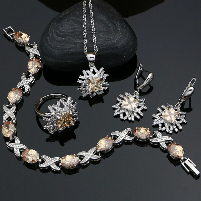 925 Silver Costume Jewelry Sets Champagne Zircon White CZ Party