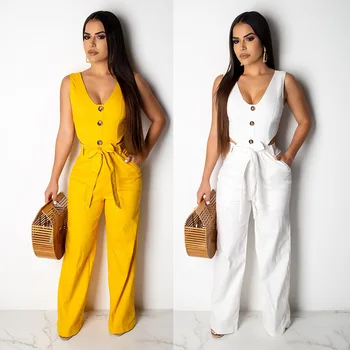 

button pants bodysuit women sexy Jumpsuits Straight Solid color V-neck