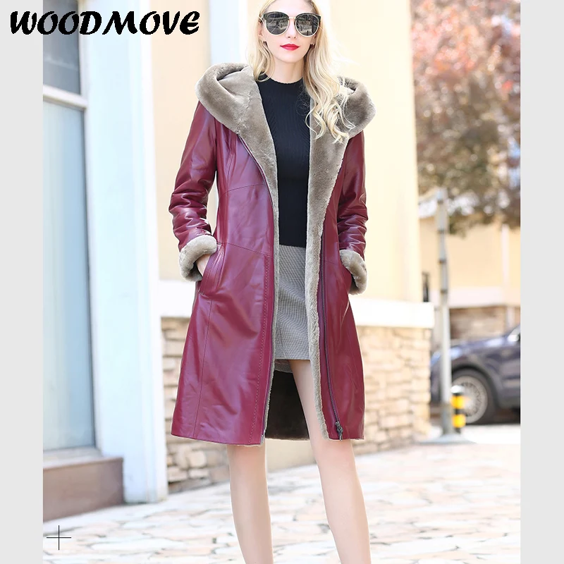 

Women Genuine Leather Sheepskin Coat Real Leather Hood Jacket Natural Fur for Women Plus Size