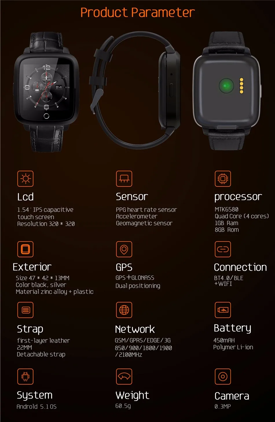 EXRIZU U11S MTK6580 четырехъядерный 1G+ 8G Android 5,1 умные часы с поддержкой gps, Wi-Fi, sim-камеры, пульсометр, компас, умные часы