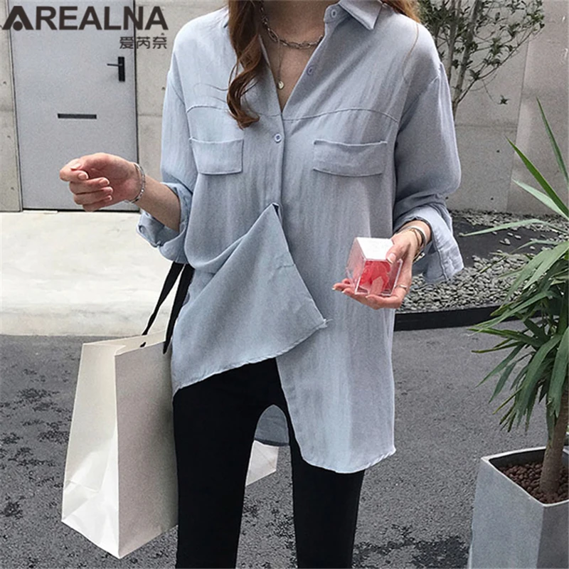  White Yellow Loose Womens Tops and Blouses Korean Fashion 2018 Fall Spring Long Sleeved Female Shir