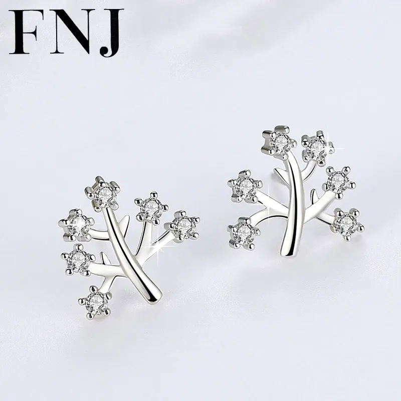 

FNJ 925 Silver Flower Earrings for Women Jewelry White Cubic Zircon boucle d'oreille Original S925 Sterling Silver Stud Earring