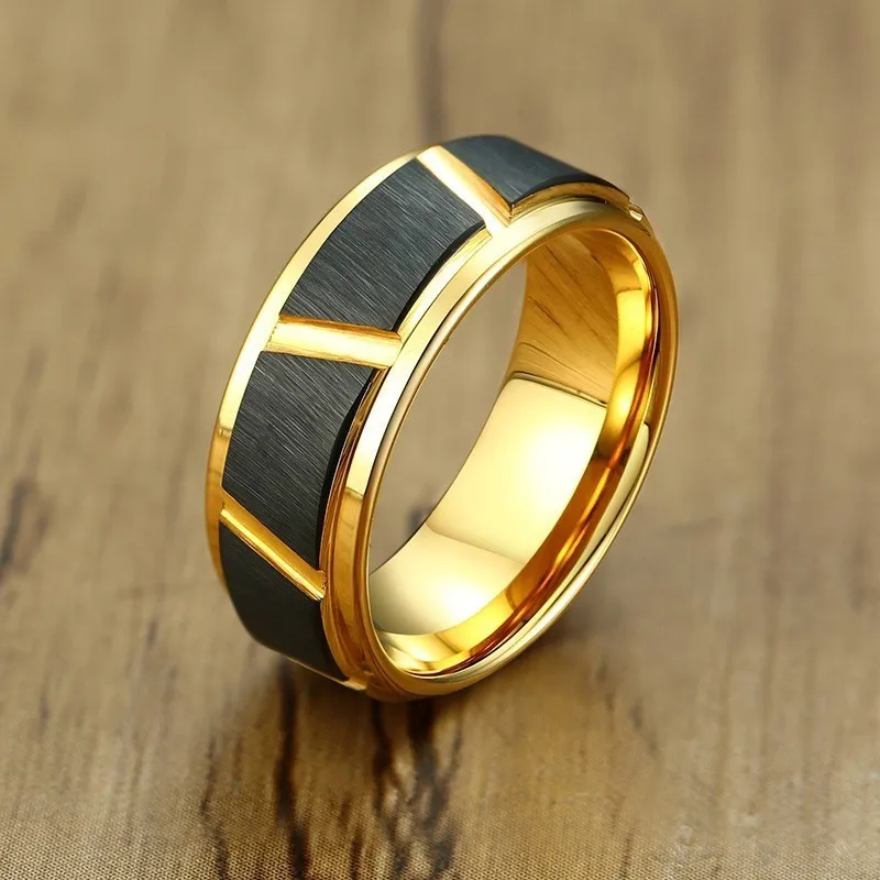 Vnox Cool Trimming Designed Rings for Men Gold and Black Tone 8MM Tungsten Carbide Wedding Bands Anel Accessory