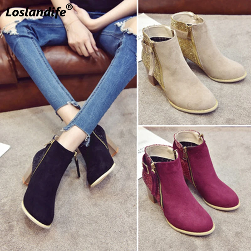 

Women's winter boots 2018 autumn new round head bling thick heels side female zipper shoes mixed color ladies rubber ankle boots