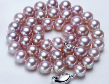 

free shipping gorgeous 10-11mm round lavender pearl necklace 18inch 925s