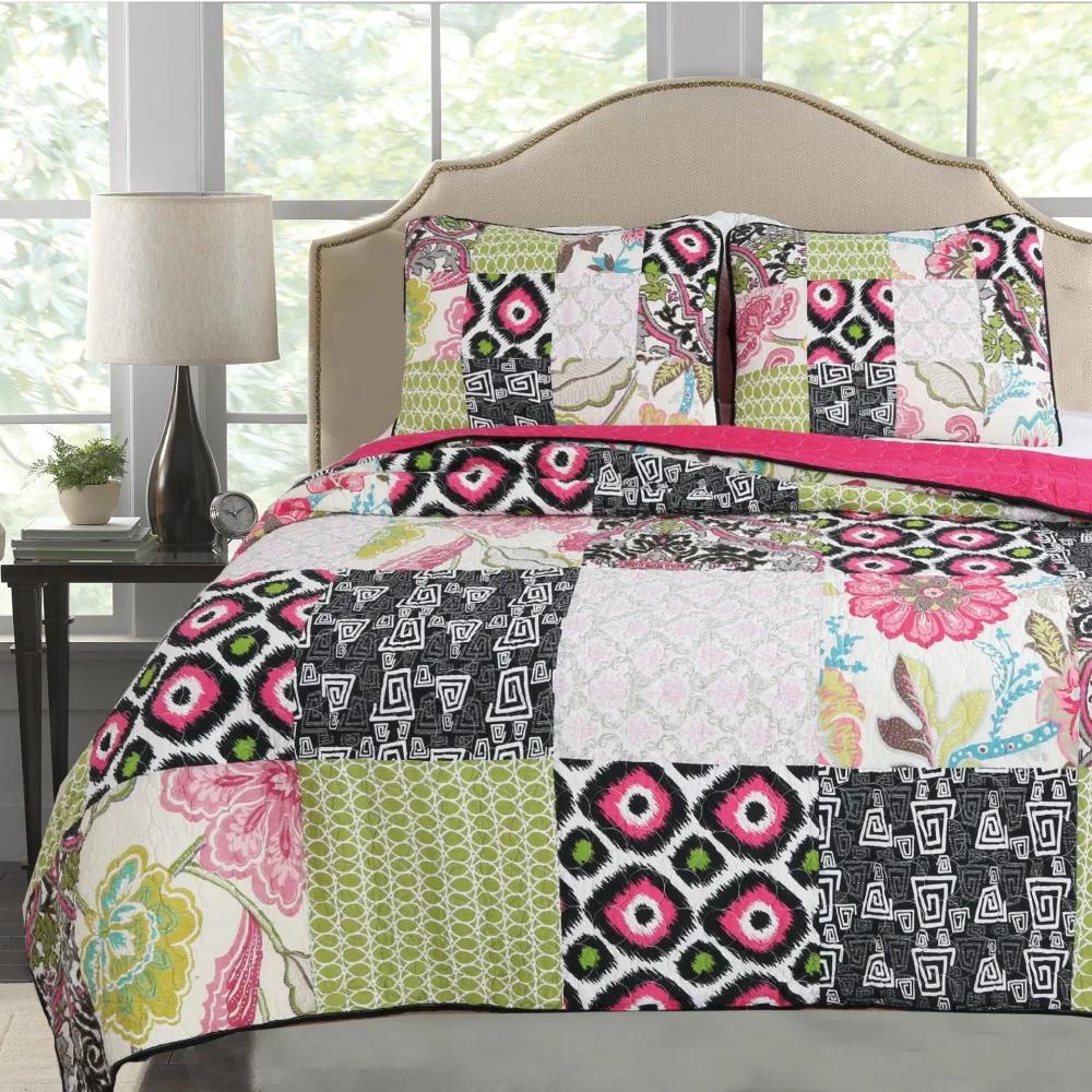 

CHAUSUB Patchwork Cotton QUILT Set 3PC Quilts Bed Sheets Washed Quilted Bedspread Printed Bed Cover Pillowcase Coverlet Set