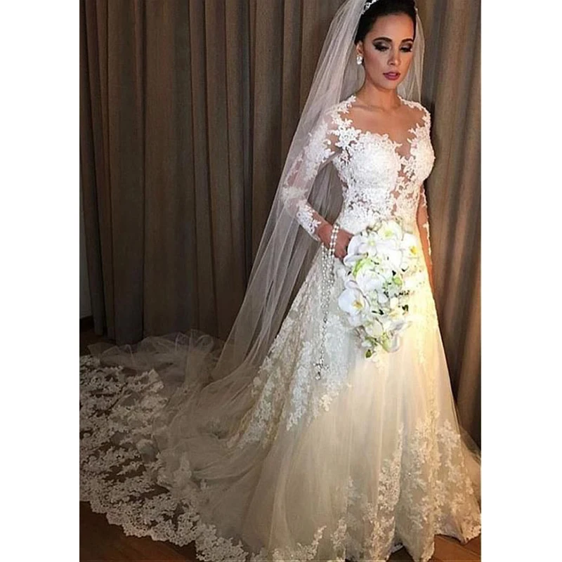 Sexy Long Sleeve Wedding Dresses 2019 New Jewel Neck Sweep Strain Lace Applique Illusion Formal Gowns Bridal Dress | Свадьбы и