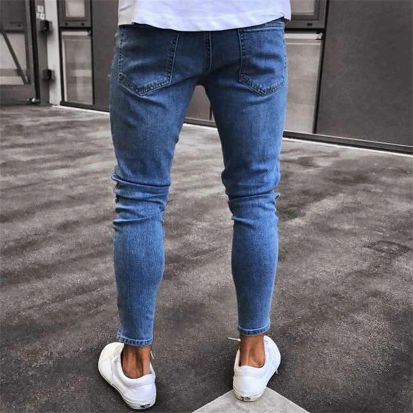Для мужчин Стильный Рваные джинсы брюки Байкер узкие тонкие прямые джинсы потертые джинсовые штаны; Новые Модные узкие джинсы Для мужчин в уличном стиле