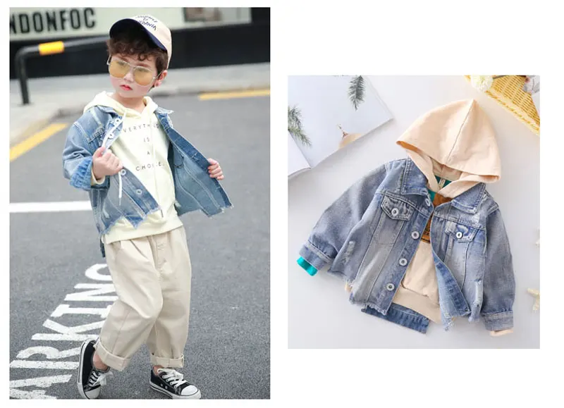 Детская куртка; джинсовые куртки с дырками для мальчиков; детская одежда для девочек; пальто для малышей; уличная одежда; Джинсовая Повседневная Верхняя одежда с дырками;