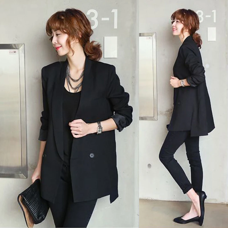 Модель на весну и осень Для женщин в Корейском стиле модные черные пиджаки для женщин плюс Размеры Тонкий Повседневный блейзер верхняя одежда средней длины с блейзером W189