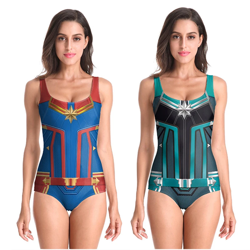 

Superhero Captain Carol Danvers Cosplay Swimwear Sexy Women's One-Piece Sleeveless Swimsuit SUKUMIZU Bathing Suit