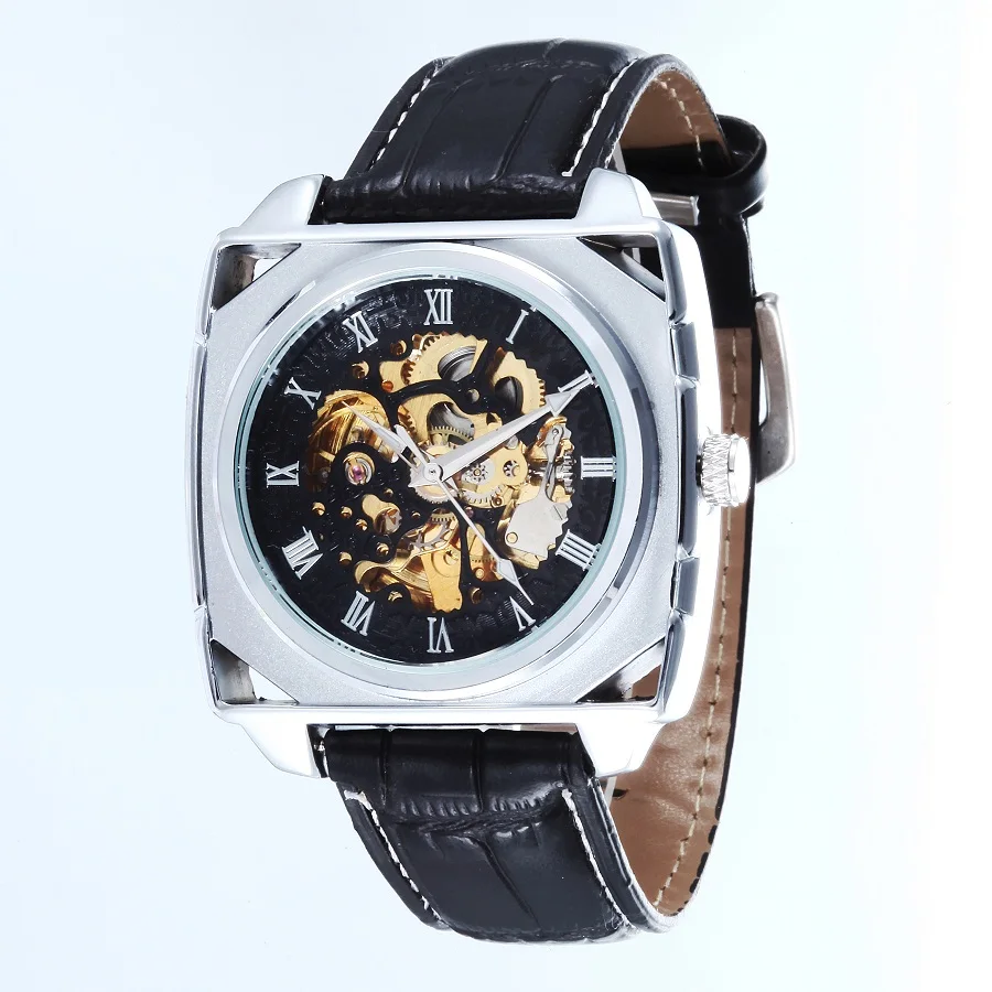 GOER brand Men s watches mechanical Automatic Movement Skeleton Luminous Male leather waterproof Square