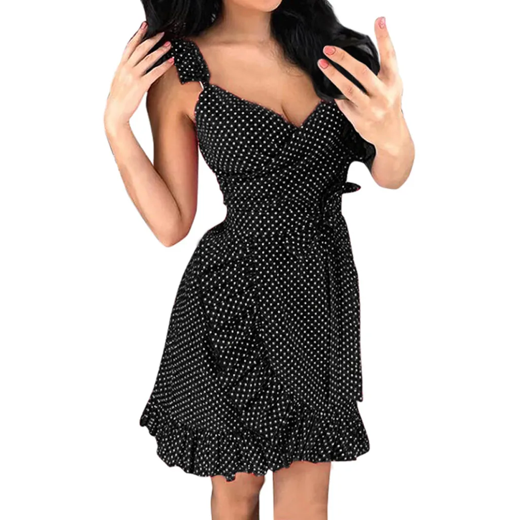 

2019 Summer Fashion Sexy V Neck Ruffles High Waist Dress Women Casual Dot Sleeveless Beach Mini Dress Sundress Freeahip N4