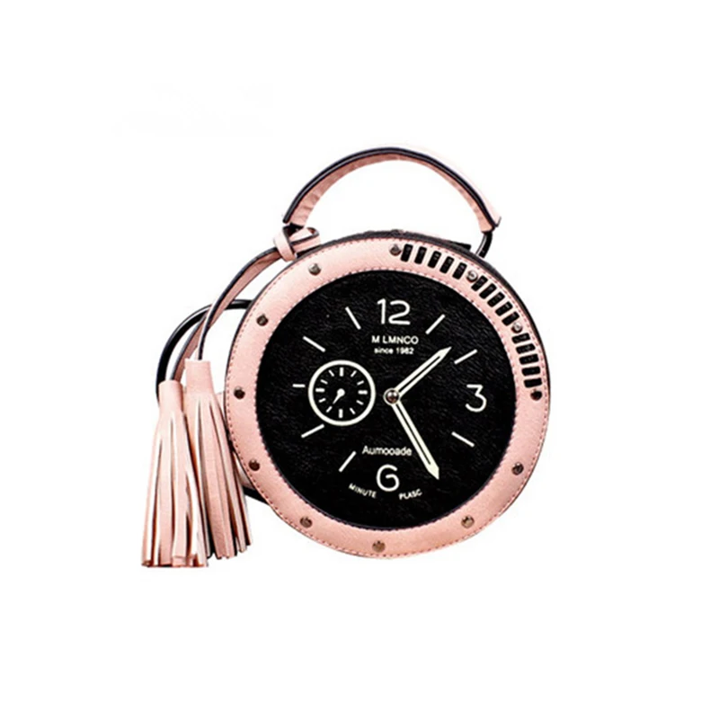 New Women Tassel Clock Shoulder Bag INS Popular Fashion Female Circle Handbag Mini Travel Lady Rivet PU Handle Crossbody SS3483 (16)