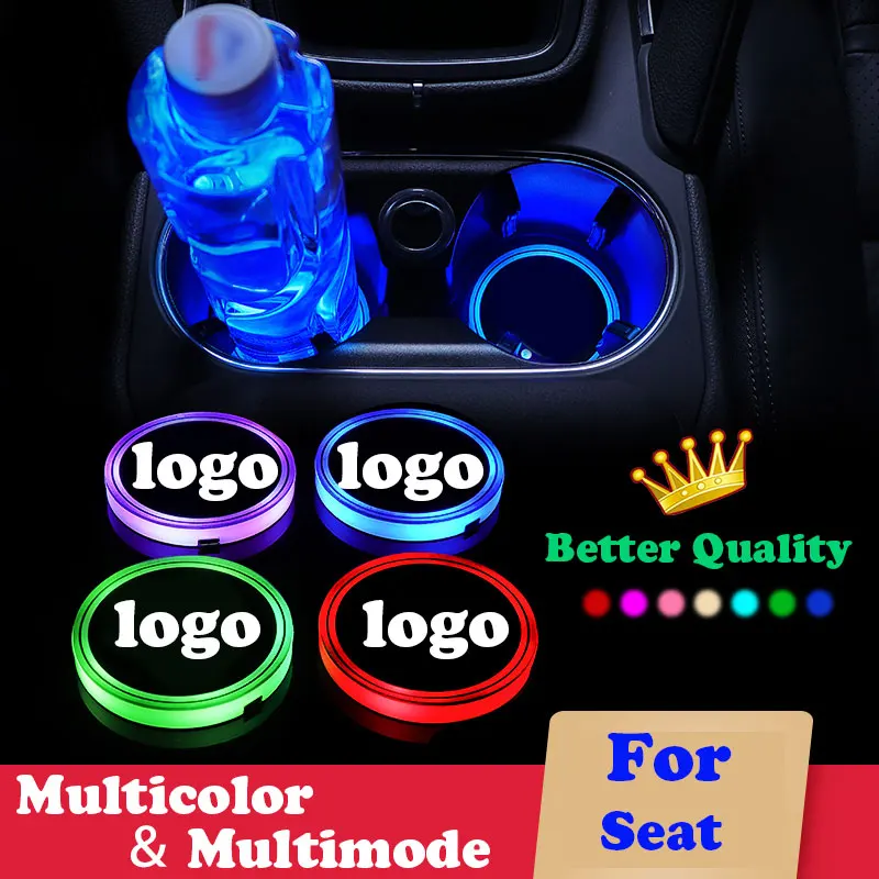 

2X Car luminous coaster Cup Mat For Seat Leon Ibiza ateca car logo light Accessories Atmosphere light Anti Slip 7 Colors