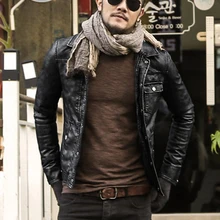 Мужская Новая осенне-зимняя одежда из искусственной кожи в стиле ретро, Мужская короткая приталенная Повседневная модная однотонная кожаная куртка для мужчин, высокое качество