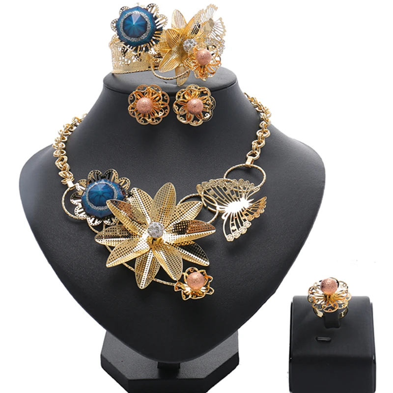 

Dubai Gold Jewelry Sets Nigerian Wedding African Beads Crystal Bridal Jewellery Set 2018 Geometric Gold Color Jewelry Set