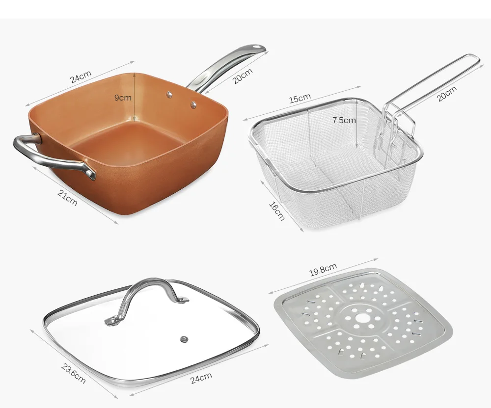 7pcs Square Nonstick Copper Pan Frying Basket Steamer Tray Pastry Brush