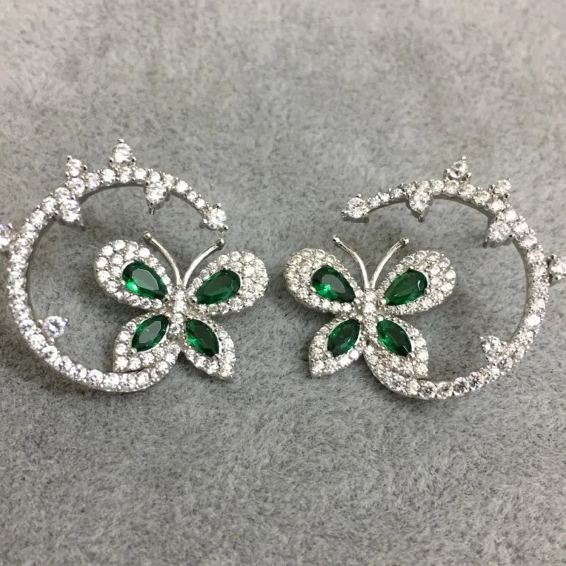 

Fits Monaco Jewelry Charm Ladies Earrings Couple Party Gift 925 Sterling Silver Zircon Mint Green Diamond Butterfly Earrings