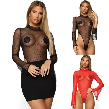 

Sexy Women Bodycon Lace See-through Mesh Sheer High Cut Bodysuit Jumpsuits Long Flare sleeve High Neck Tops Club Rompers
