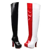 PXELENA/высокие сапоги из лакированной кожи вечерние для вечеринок и ночных клубов, женская обувь, сапоги выше колена на толстом высоком каблуке, черные, красные