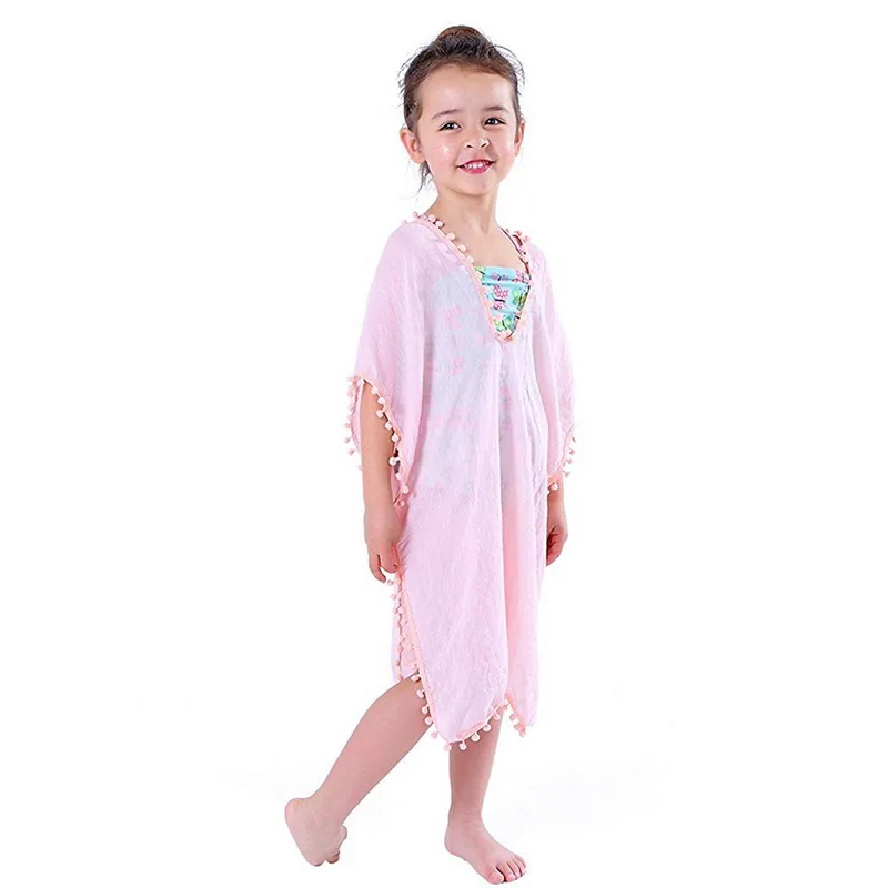 Vertvie Baby Girls Swim Dresses Kids Beach Cover-Ups Tassel Hook Flower Fringe Sundress Child Summer Swimwear Cover Up - Цвет: Pink