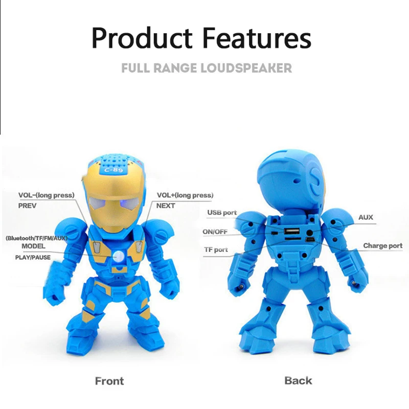 

Strongest Iron Man Bluetooth Speake C89 Mini Wireless Subwoofers with LED Flash Light supports TF FM USB Card